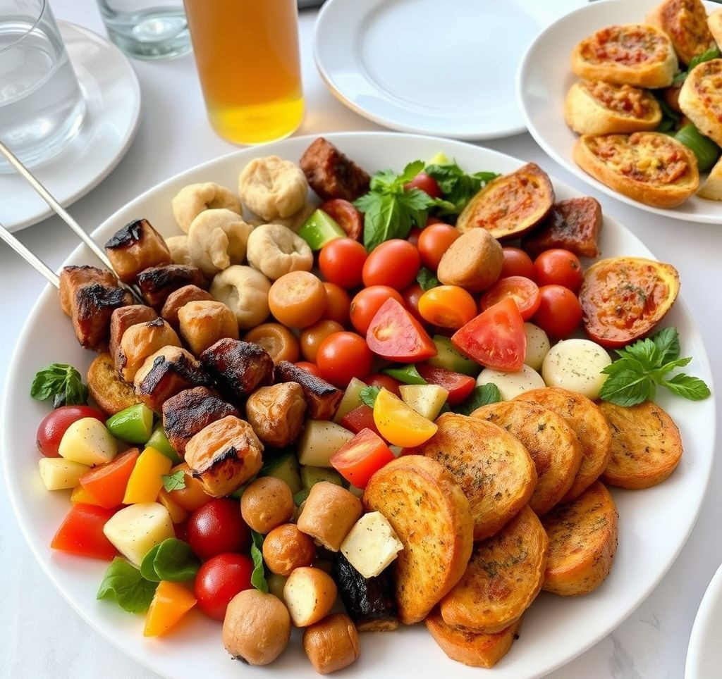 A beautifully arranged platter of various Italian antipasti, including Caprese skewers, marinated vegetables, and bruschetta.