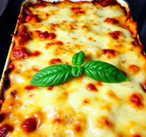 A beautifully baked lasagna with golden-brown cheese on top, garnished with fresh basil.