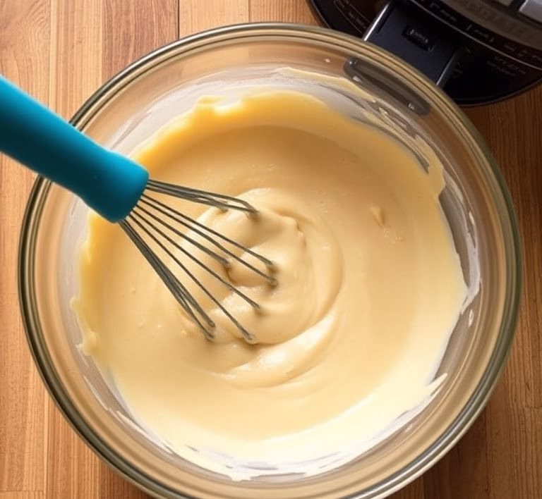 A bowl of perfectly mixed waffle batter resting, ready to be used
