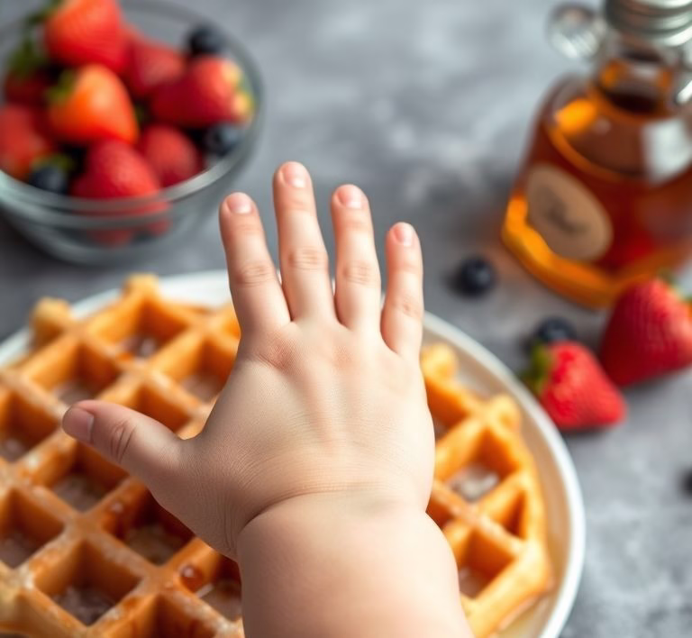 A child's hand reaching for a waffle, with fresh berries and maple syrup in the background