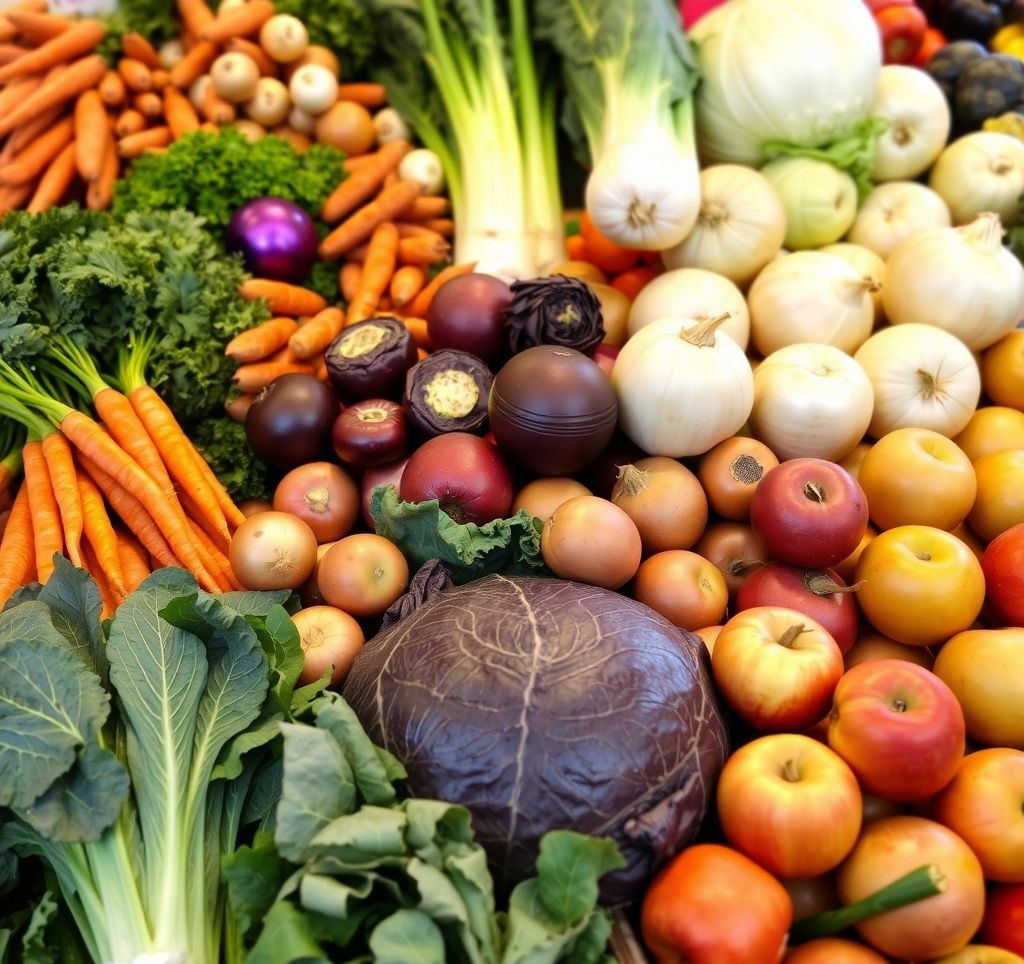 A colorful array of fresh, seasonal, and affordable vegetables like carrots, potatoes, onions, cabbage, and apples a market stall