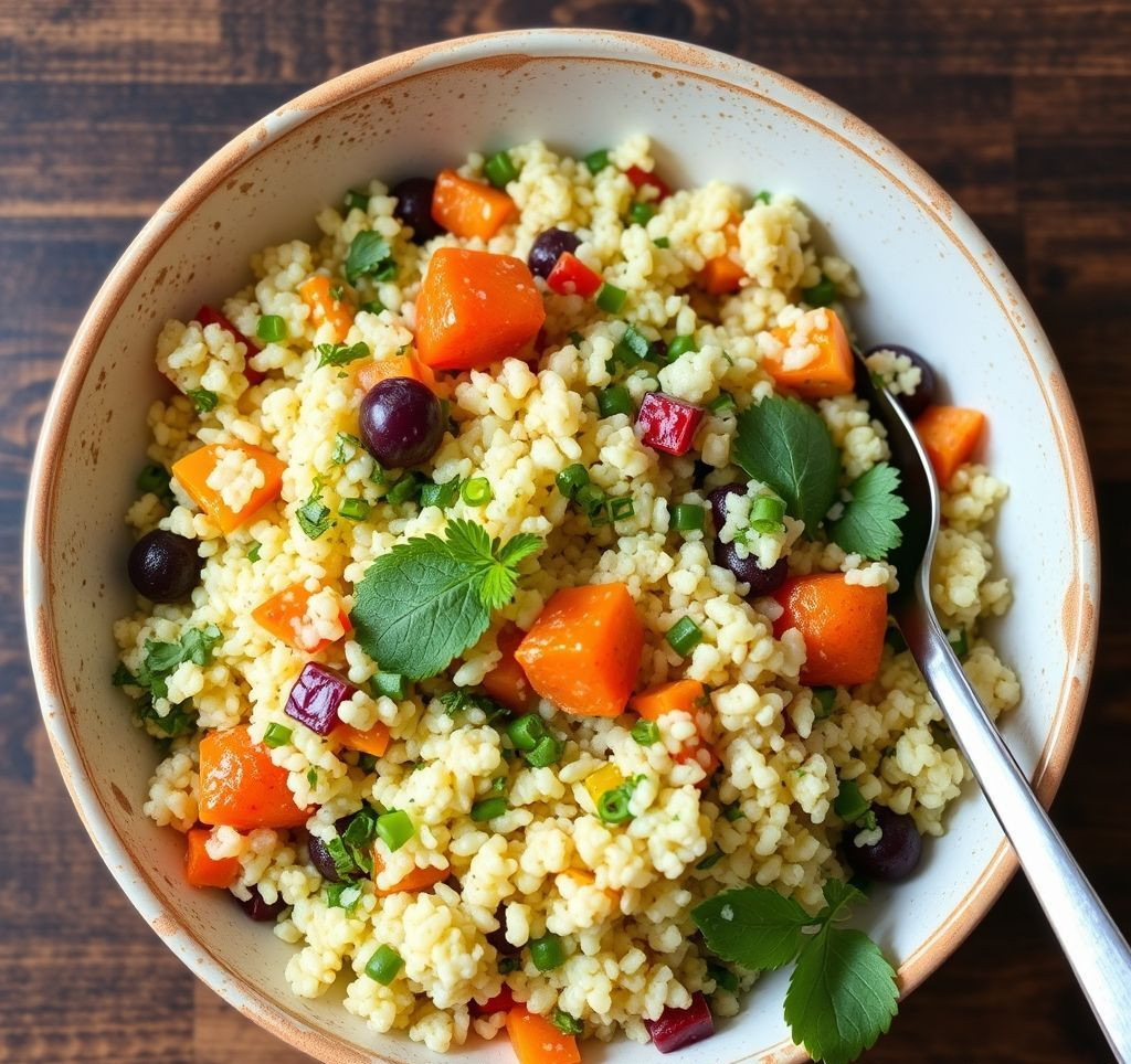 A delicious and vibrant vegetarian couscous dish with fresh herbs and colorful vegetables