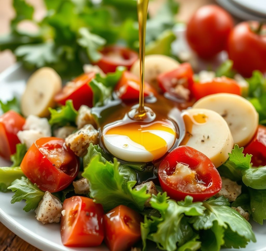 A fresh salad with olive oil and balsamic vinegar dressing poured over it.