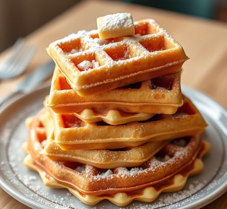 A stack of fluffy, golden waffles on a plate, dusted with powdered sugar