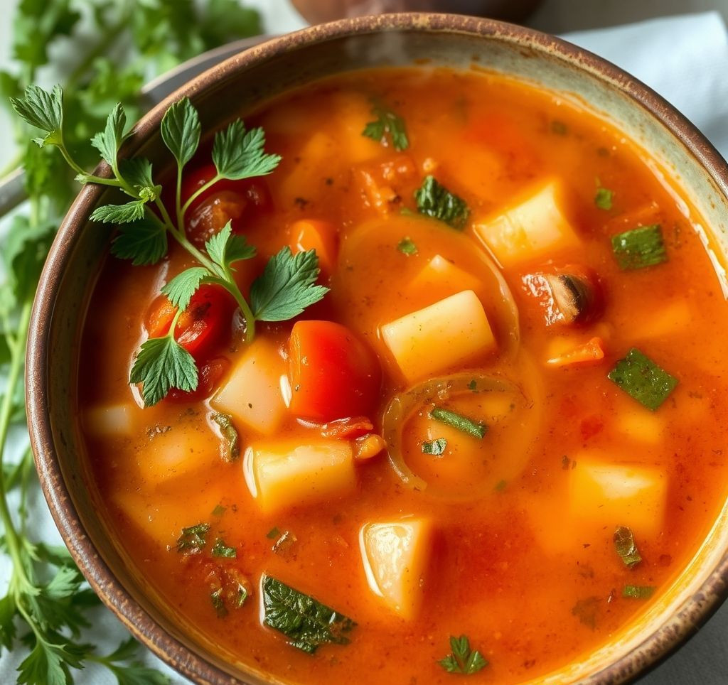 A steaming bowl of classic authentic Minestrone soup, garnished with fresh herbs and a drizzle of olive oil.