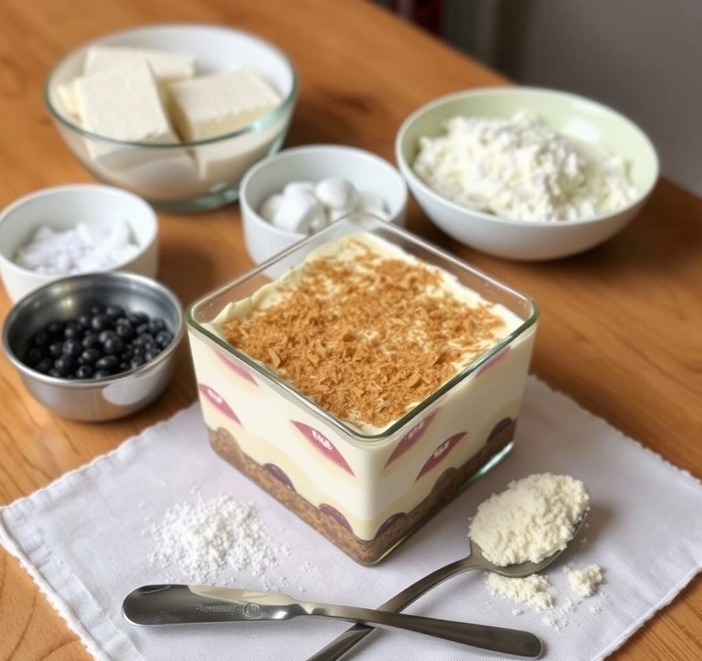 Alle Zutaten für das Tiramisu auf einem Holztisch angerichtet