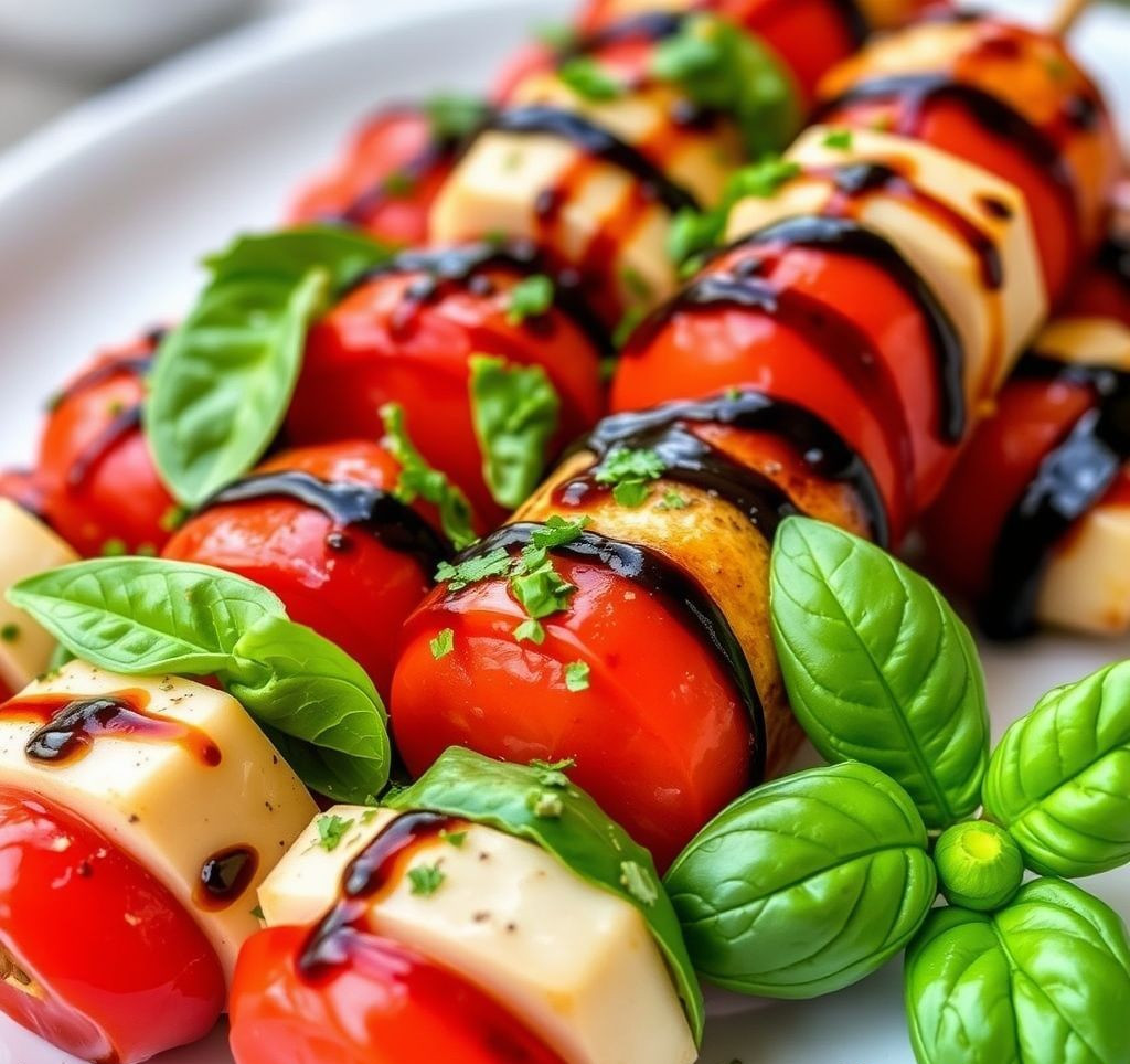 Close-up of freshly prepared Caprese skewers with basil and balsamic glaze.