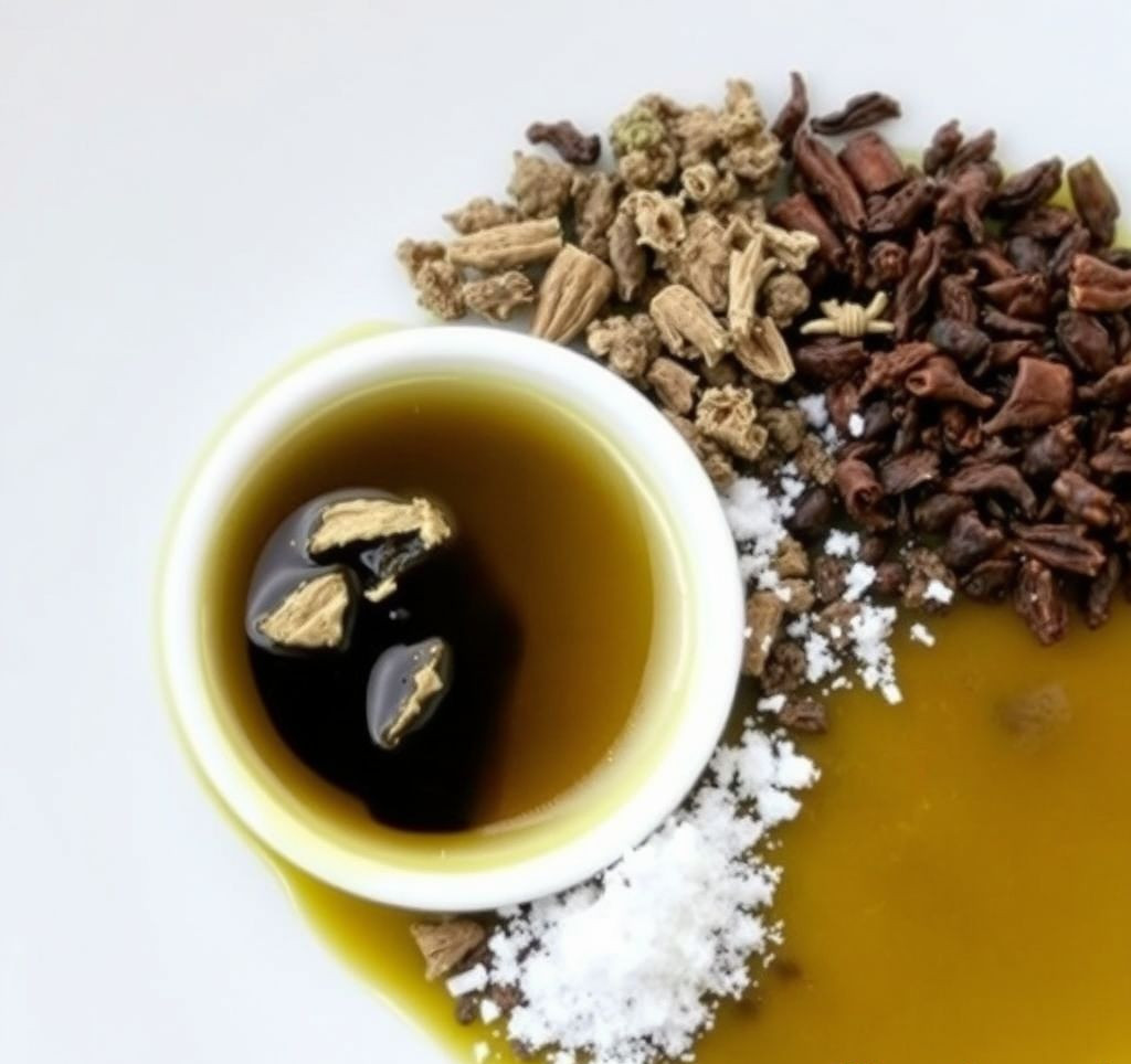 Close-up of ingredients: olive oil, balsamic vinegar, dried herbs, salt, pepper.