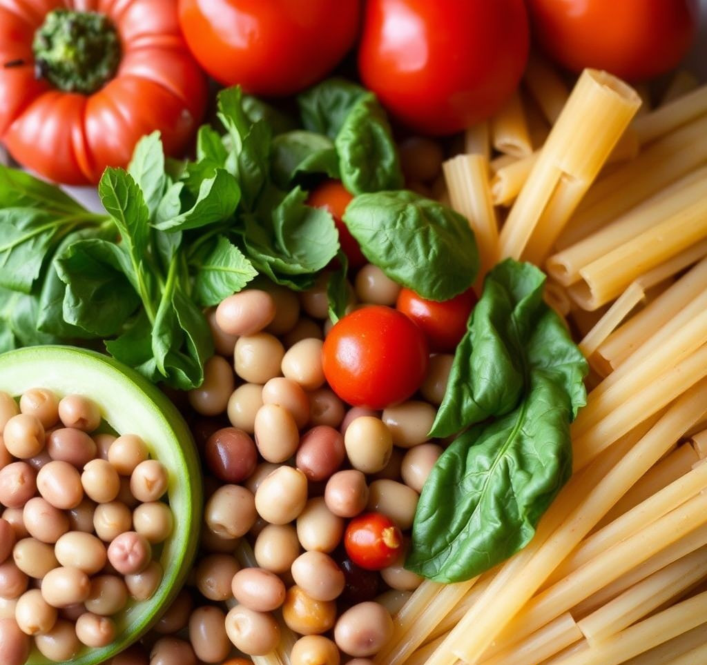 Close-up of Minestrone ingredients – fresh vegetables, beans, and pasta, ready for cooking.