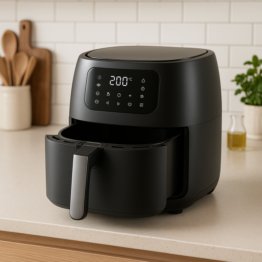 Ein moderner Airfryer auf einer Küchentheke: Entdecken Sie köstliche Airfryer Rezepte für jeden Tag! Perfekter Lachs, gesunde Snacks und vielseitige Gerichte warten darauf, Ihre Küche zu bereichern.