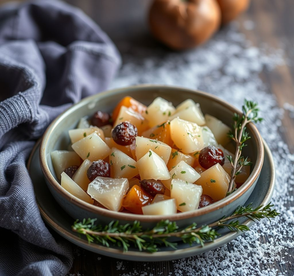 Detailaufnahme einer Schale mit Hähnchen-Gemüse-Gulasch, garniert mit frischer Petersilie.