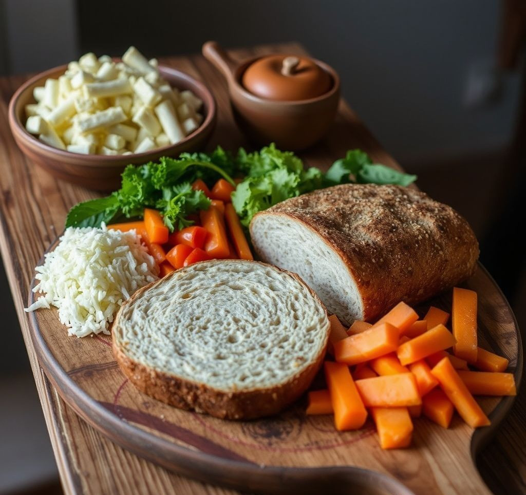 Diverse trockene Zutaten für Low Carb Brot auf einem Holztisch
