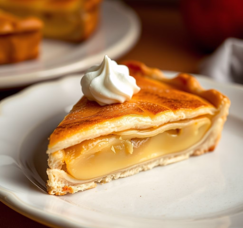 Ein angeschnittenes Stück Apfelweintorte auf einem Teller, mit sichtbaren Schichten von Teig und Pudding und einem Klecks Sahne.