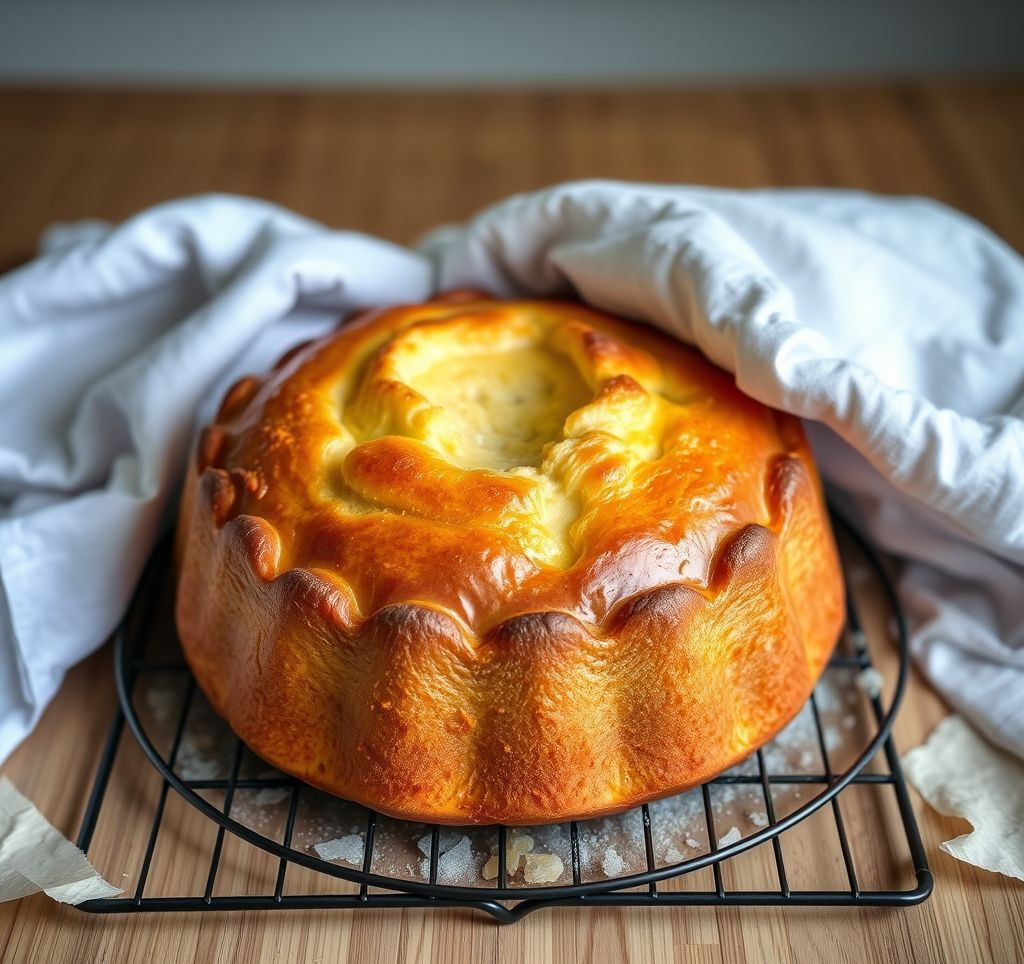Ein fertig gebackener Panettone, kopfüber zum Abkühlen aufgehängt