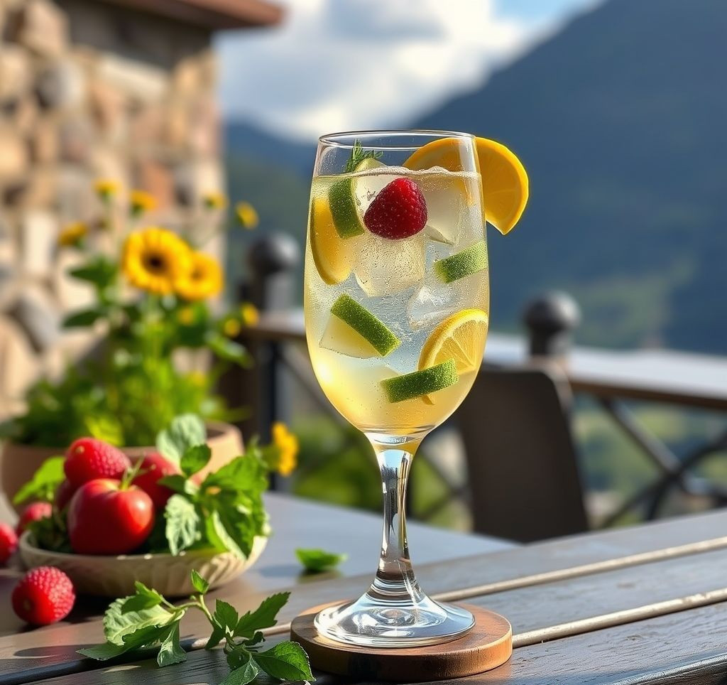Ein Glas fertig gemixter Spritz auf einer Terrasse mit italienischem Flair im Hintergrund