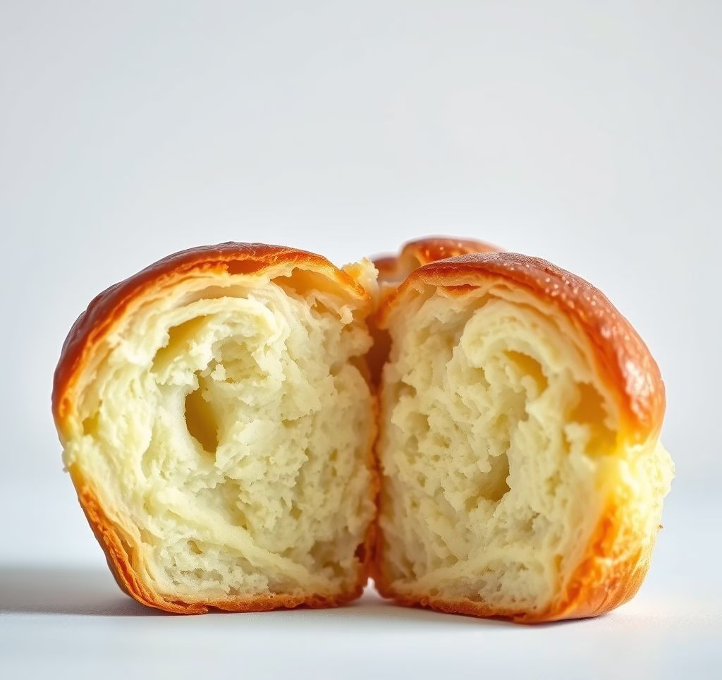 Ein Querschnitt einer Brioche, die die luftige, feinporige Krume und goldene Farbe zeigt