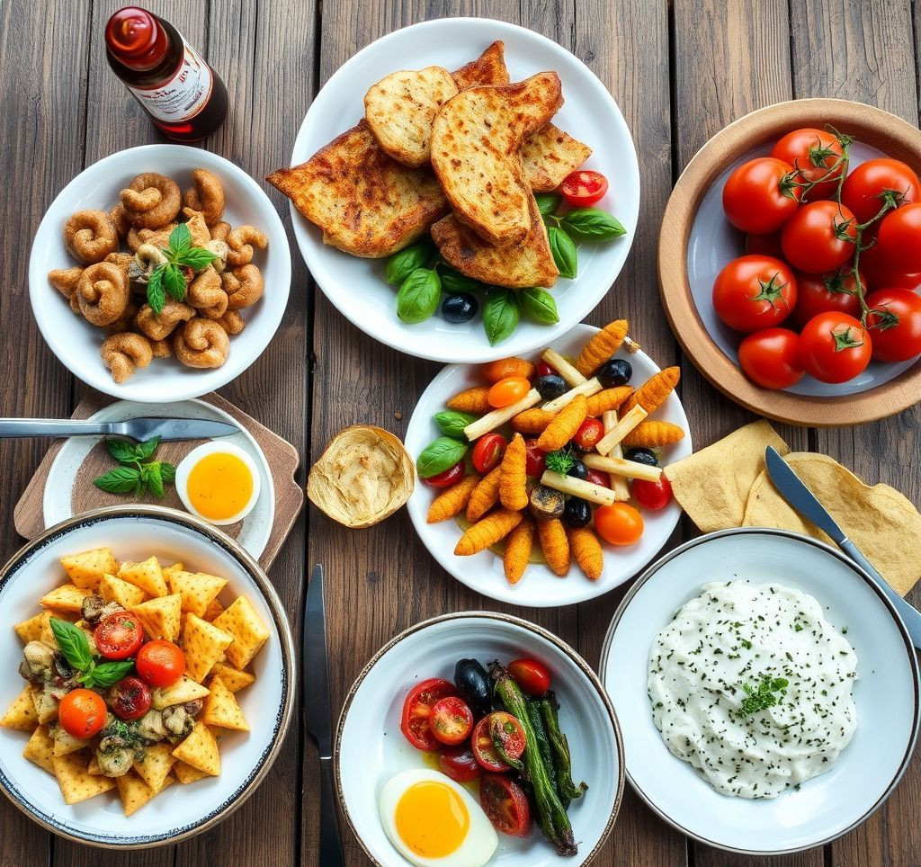 Eine Auswahl verschiedener italienischer Antipasti auf einem rustikalen Holztisch