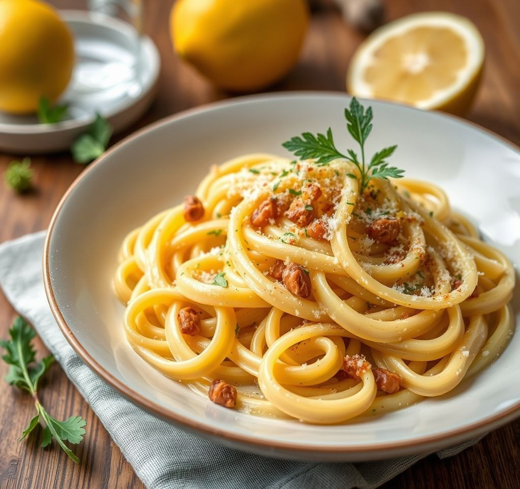 Eine dampfende Schüssel cremiger Zitronen-Knoblauch-Pasta, garniert mit frischer Petersilie und Zitronenabrieb