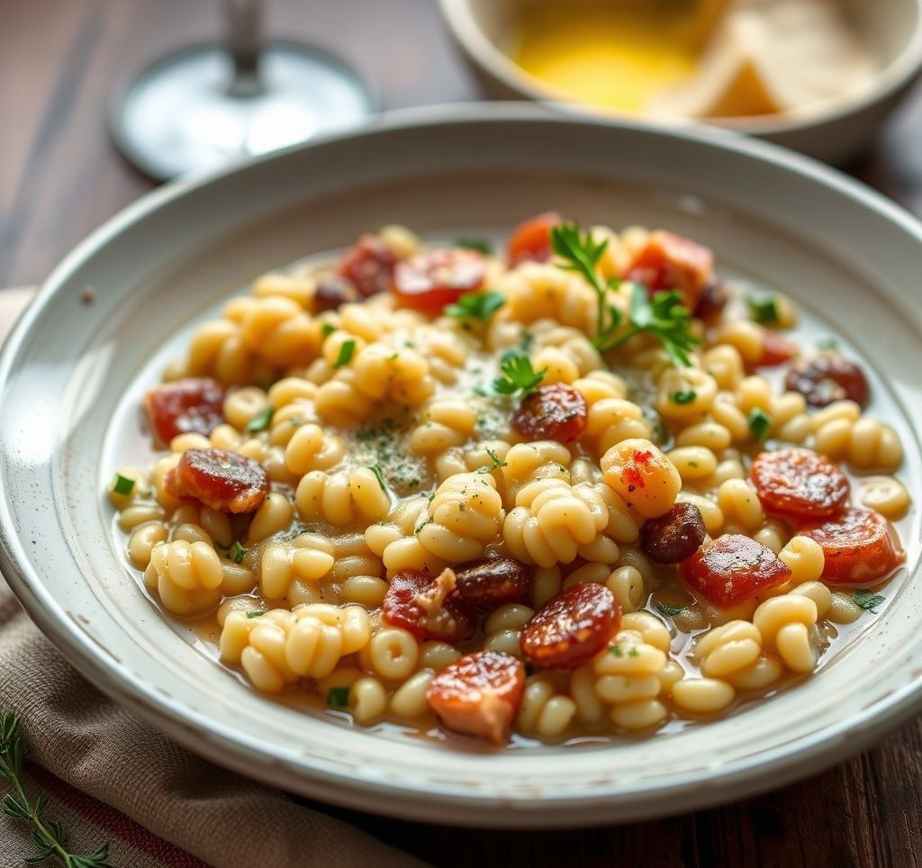Eine dampfende Schüssel mit Polenta und Pilzen, garniert mit frischen Kräutern