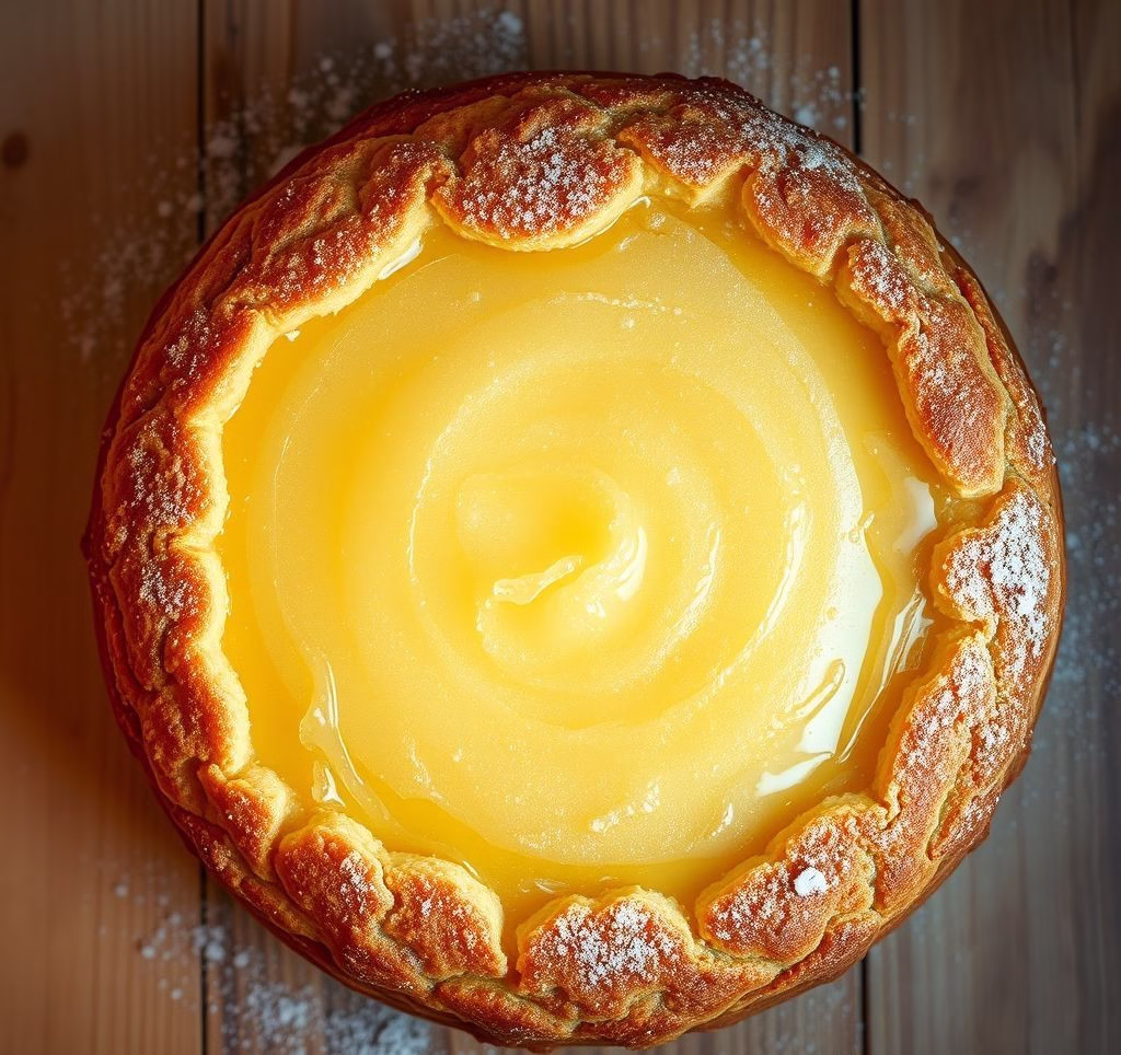 Eine frisch gebackene Apfelweintorte, von oben fotografiert, mit einer zart zitronengelben Füllung und einem goldenen Mürbeteigrand.
