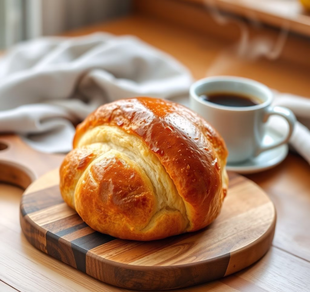 Eine frisch gebackene, goldbraune Brioche auf einem Holzbrett mit einer Tasse Kaffee im Hintergrund