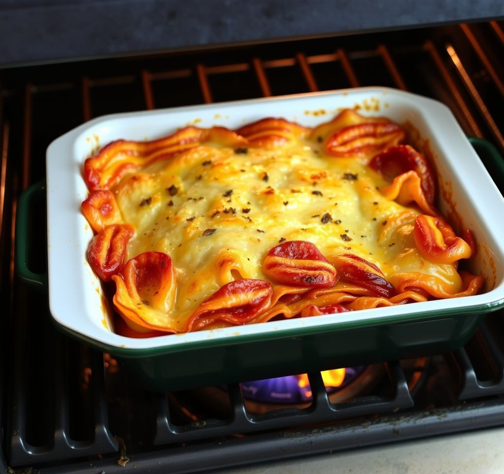 Eine frisch gebackene, goldbraune Lasagne direkt aus dem Ofen, leicht angeschnitten