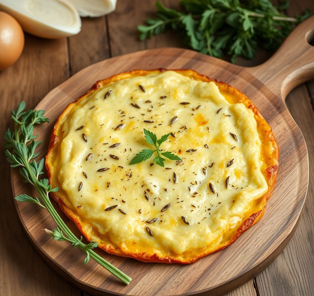 Eine goldbraun gebackene italienische Frittata, auf einem Holzbrett geschnitten, mit frischen Kräutern garniert.
