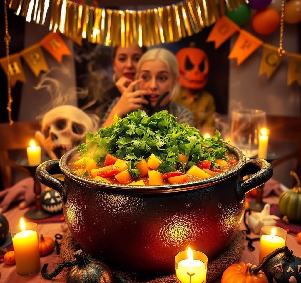 Eine große Schüssel dampfende Hexensuppe, garniert mit frischer Petersilie, auf einem Esstisch mit Partydekoration
