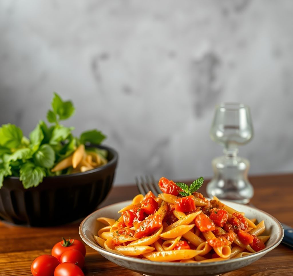 Eine Nahaufnahme einer Portion Penne all'Arrabbiata mit frischer Petersilie und roten Chiliflocken
