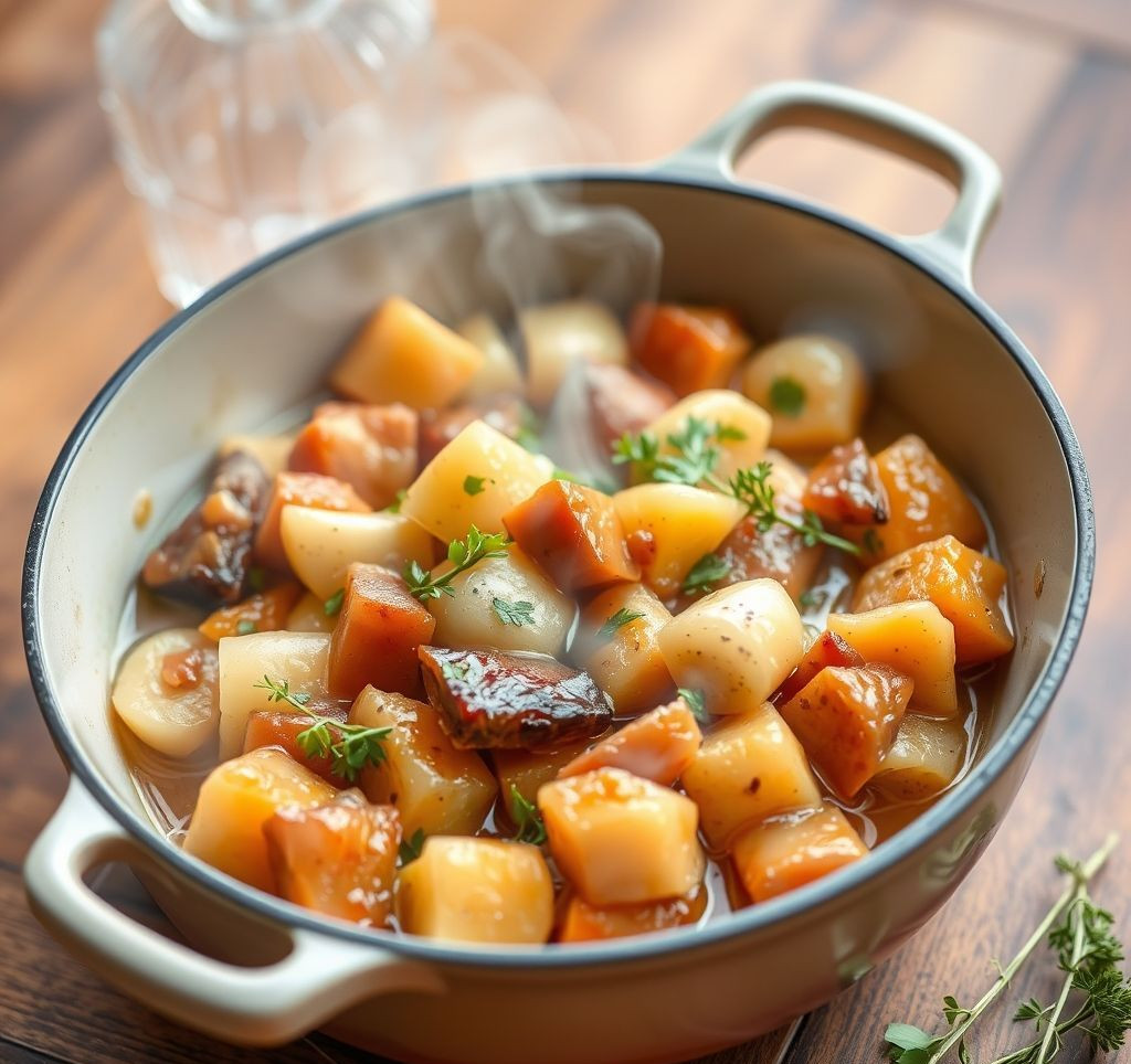 Eine Schüssel mit langsam gekochtem Rinder-Ragout, reichhaltig und aromatisch