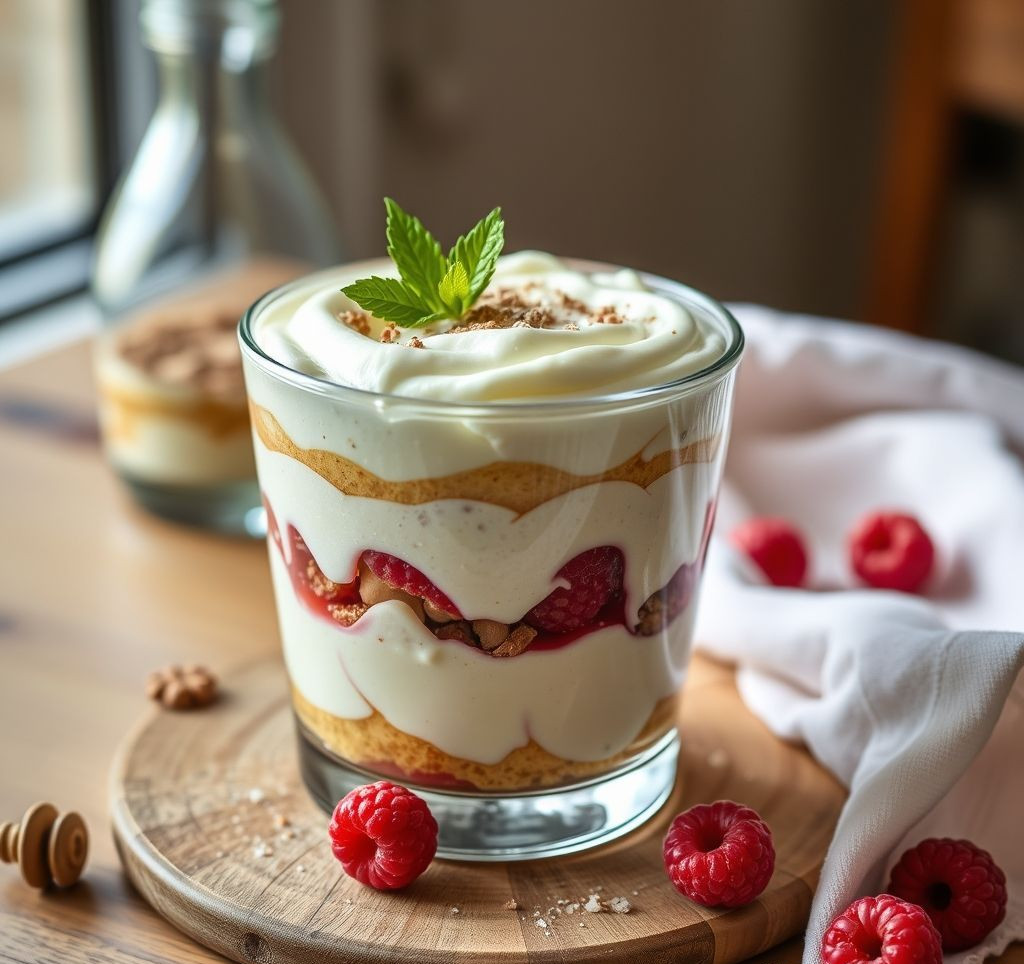 Fertig bestäubtes Tiramisu in einer Glasschale, bereit zum Servieren