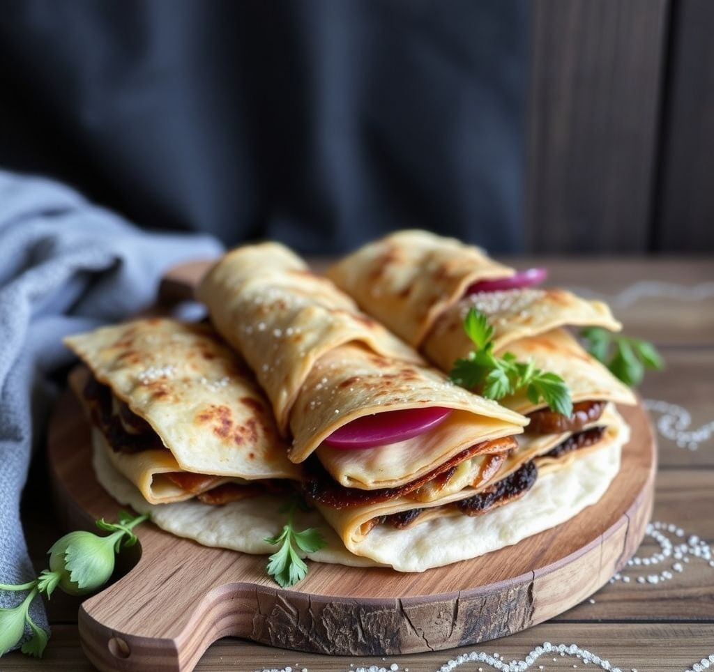 Fertig gebackener Piadina Fladen auf einem Holzteller