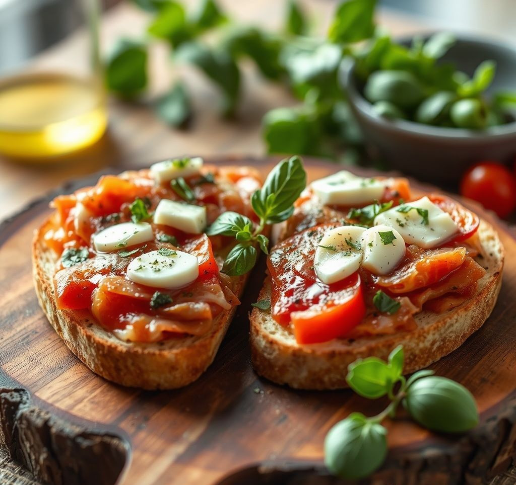 Fertig zubereitete Bruschetta auf einem Holzbrett, appetitlich angerichtet mit frischem Basilikum und Olivenöl.