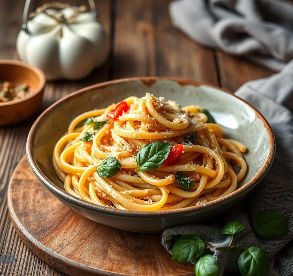Fertige, cremige Spaghetti Carbonara nach römischer Art, angerichtet auf einem Teller