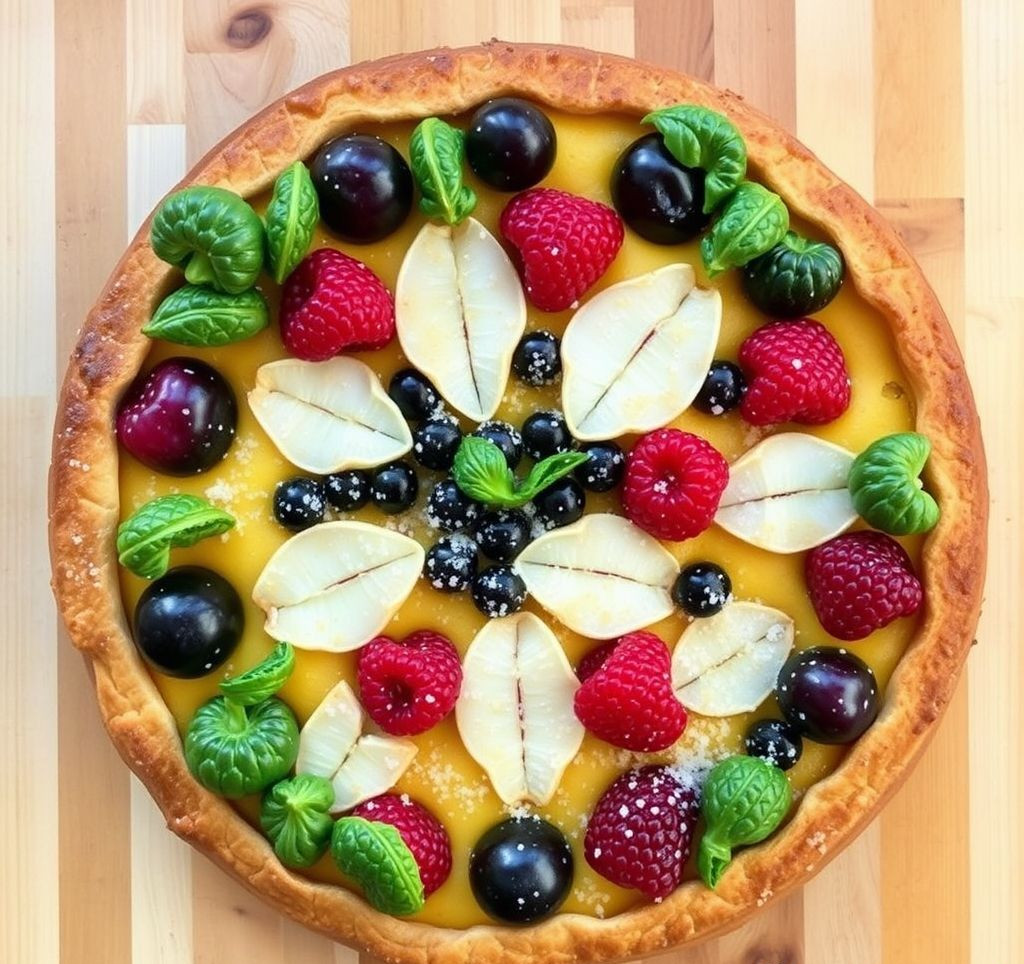 Fertige Crostata mit Gittermuster und Puderzucker bestreut auf einem Holzbrett