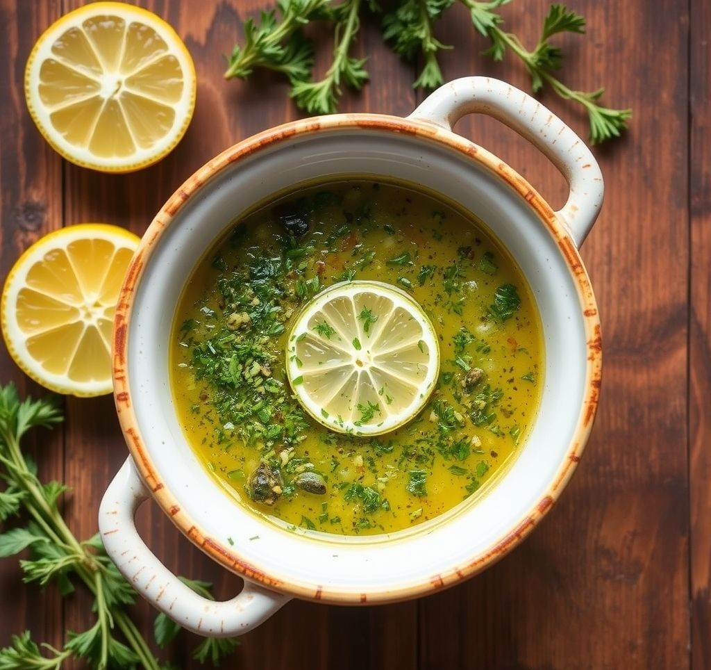 Fertige Gremolata in einer kleinen Schüssel mit Zitronenhälfte im Hintergrund