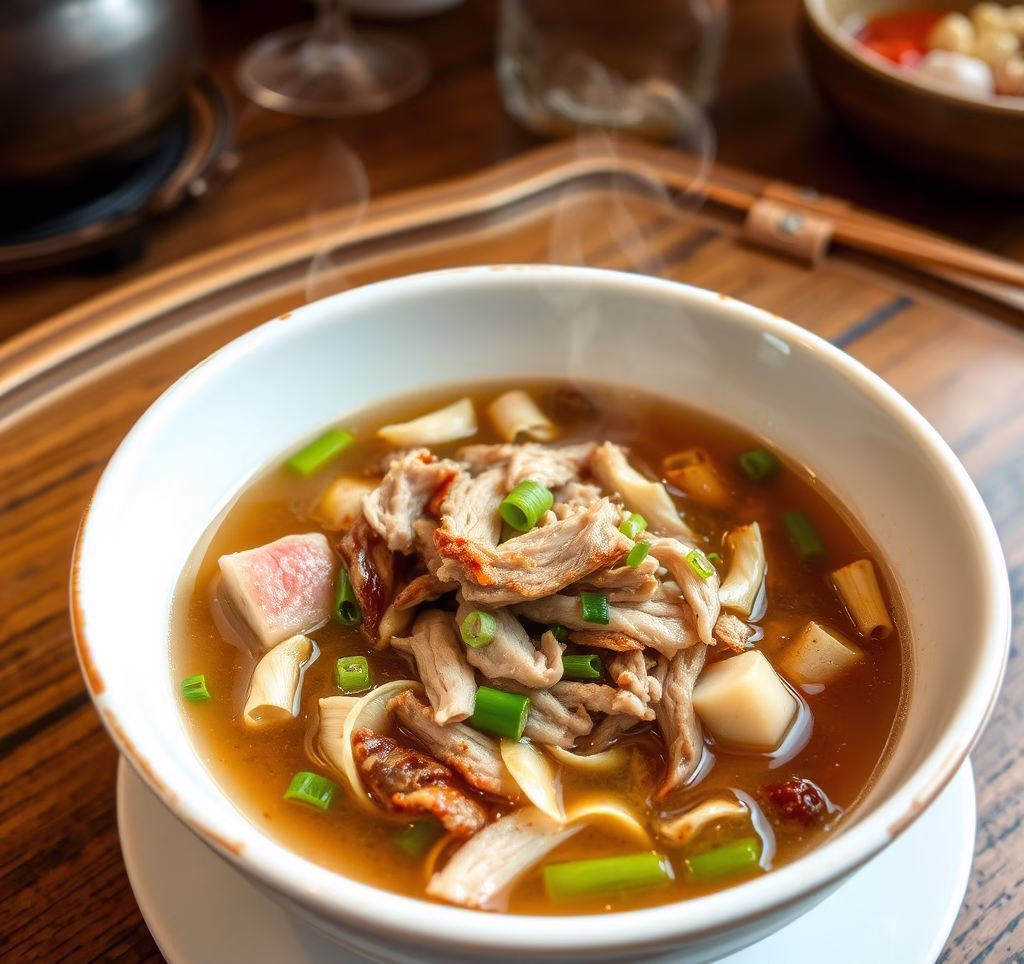 Fertige original Peking Suppe in einer Schale serviert