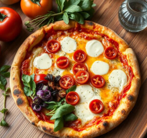 Fertige Pizzasoße in einer Schüssel mit Basilikum