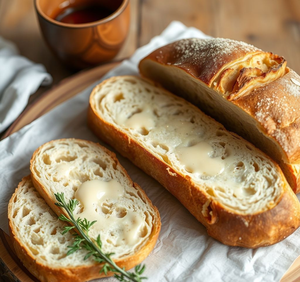 Frisch gebackenes Ciabatta-Brot mit goldbrauner Kruste auf einem Holzbrett