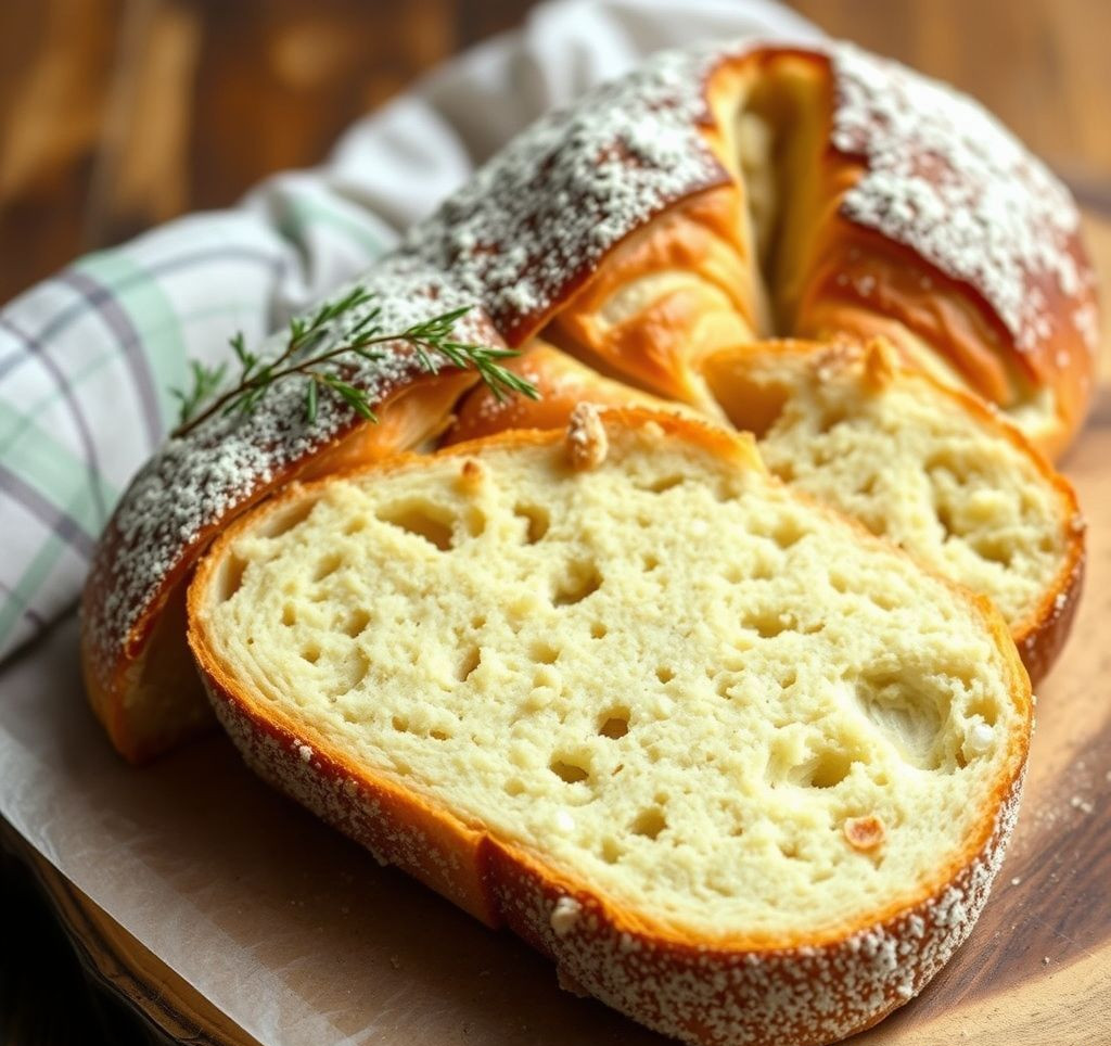 Frisch gebackenes, rustikales Ciabatta-Brot mit knuspriger Kruste auf einem Holzschneidebrett