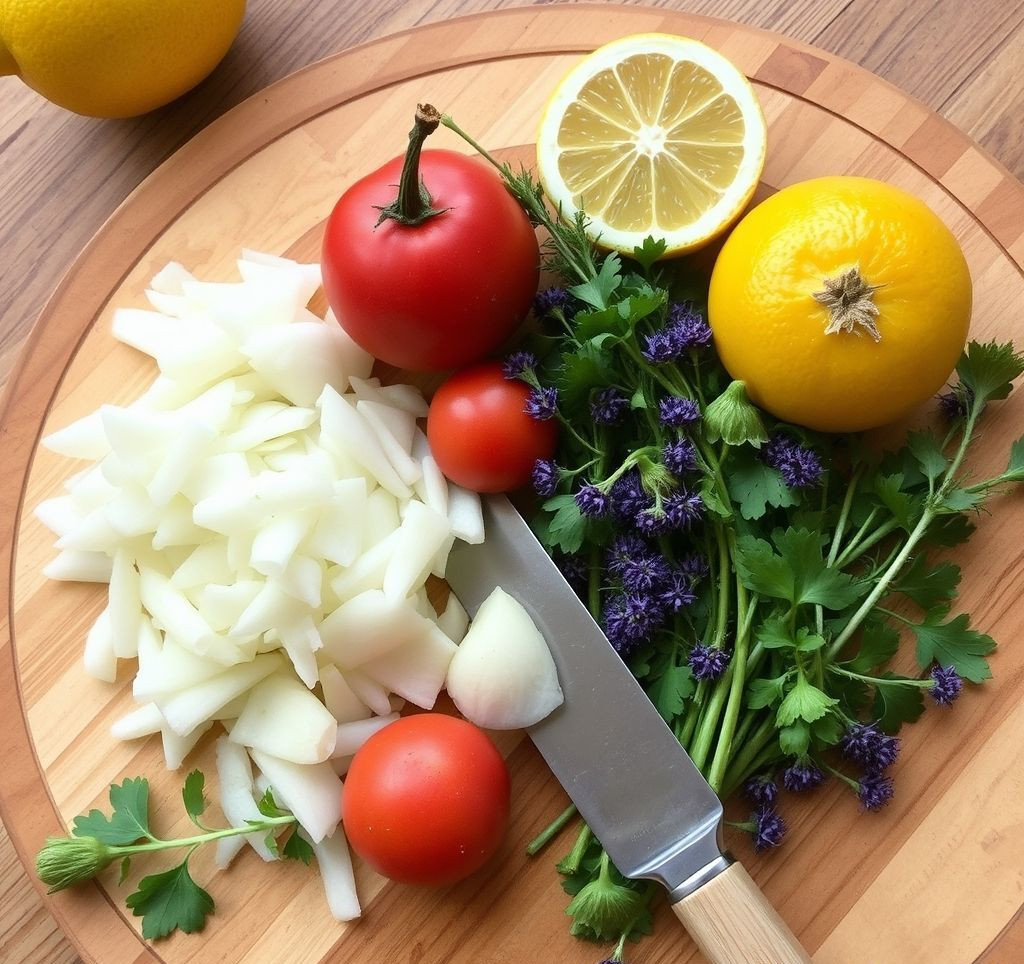 Frisch gehackte Petersilie, Zitronenschale und Knoblauch auf einem Holzbrett