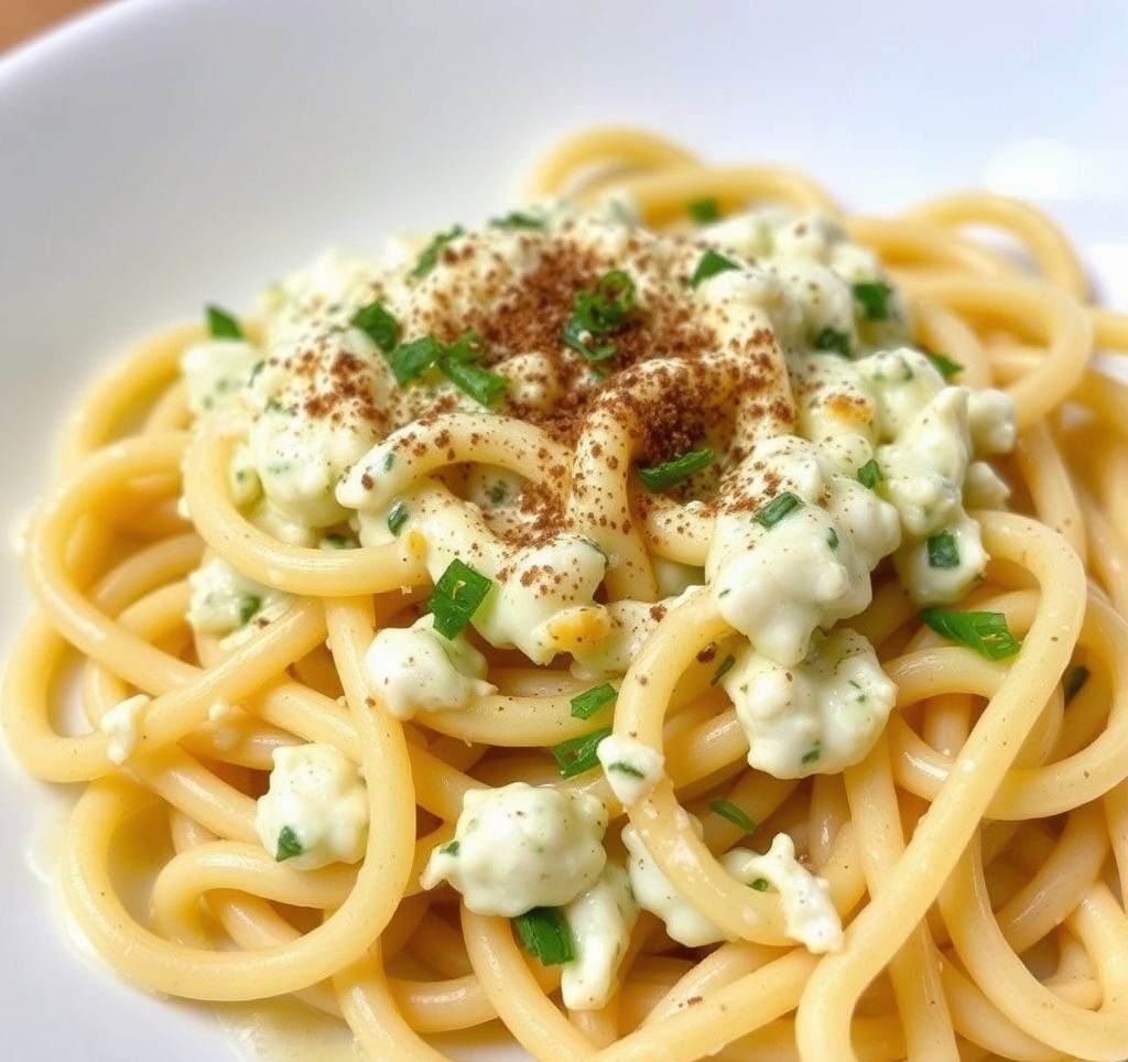 Gekochte Pasta mit frisch zubereiteter Gorgonzolasauce und Petersilie bestreut