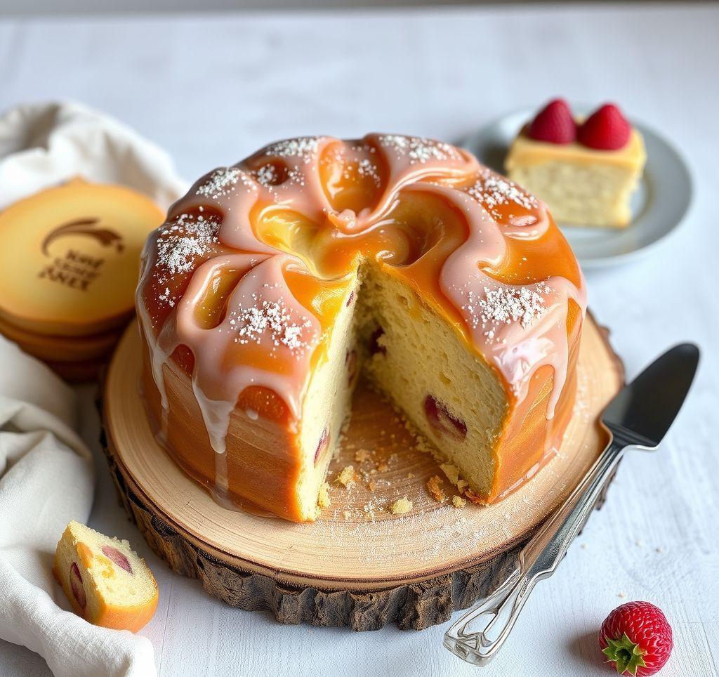 Goldbrauner Panettone mit Puderzucker bestäubt, auf einem Holzbrett