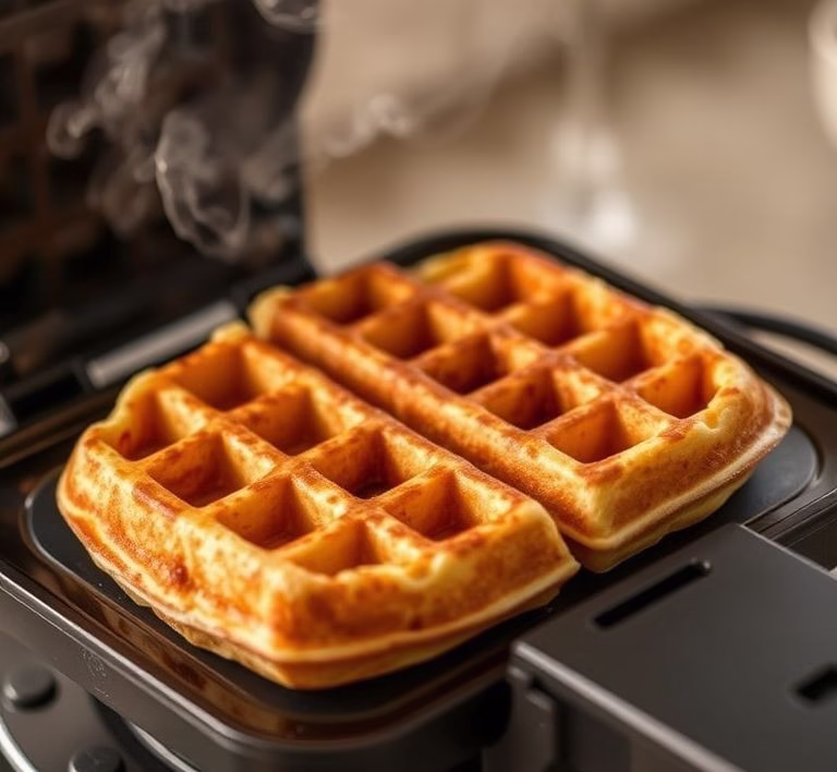 Golden brown, crispy waffle fresh from the iron, steam rising