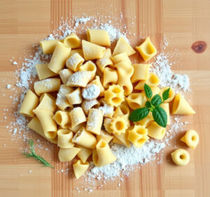 Handgemachte Orecchiette, Cavatelli und andere Pasta-Formen liegen auf einem bemehlten Holzbrett zum Trocknen