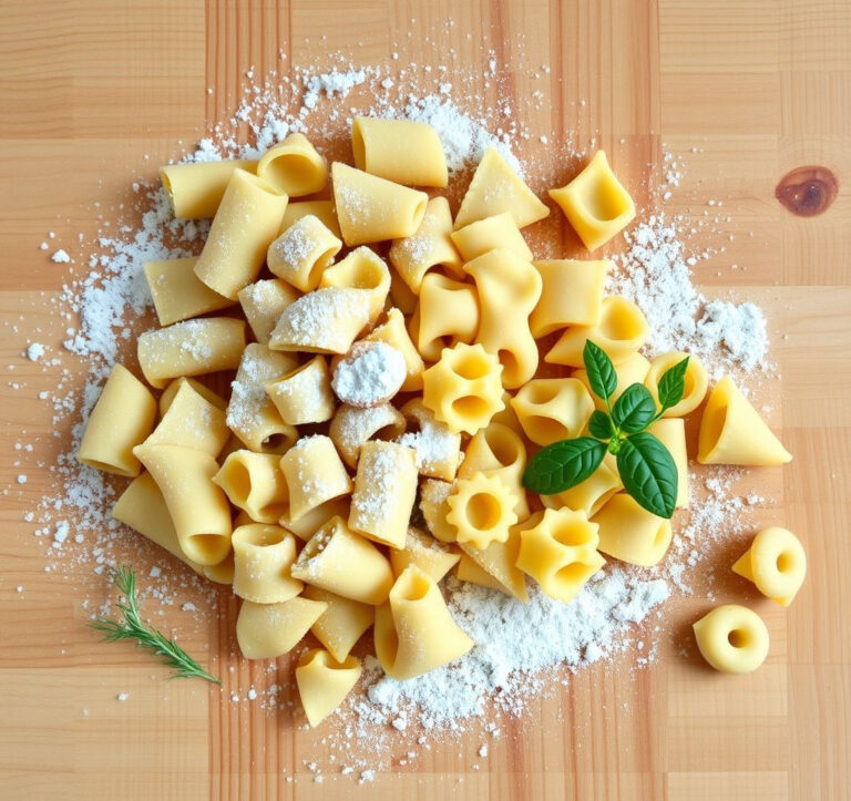 Handgemachte Orecchiette, Cavatelli und andere Pasta-Formen liegen auf einem bemehlten Holzbrett zum Trocknen
