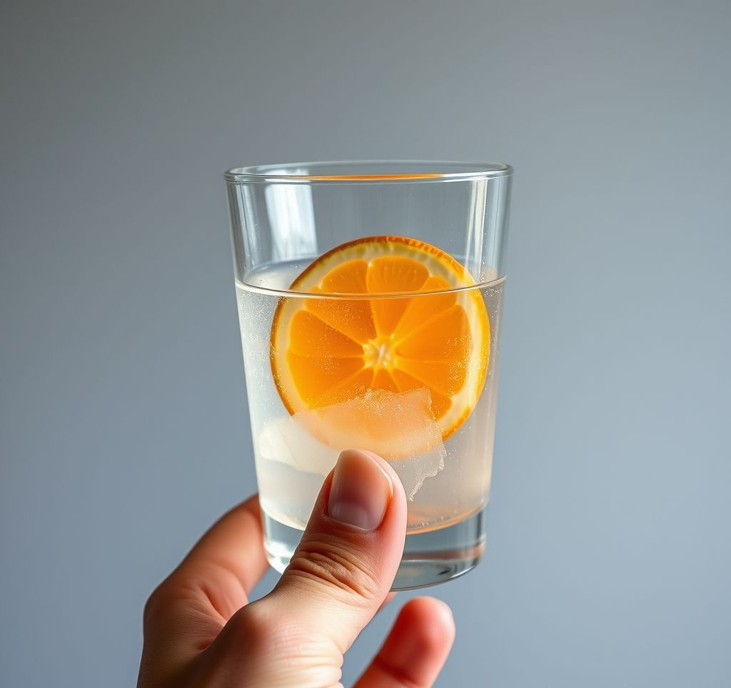 Nahaufnahme einer Hand, die eine Orangenscheibe in ein Spritz-Glas legt