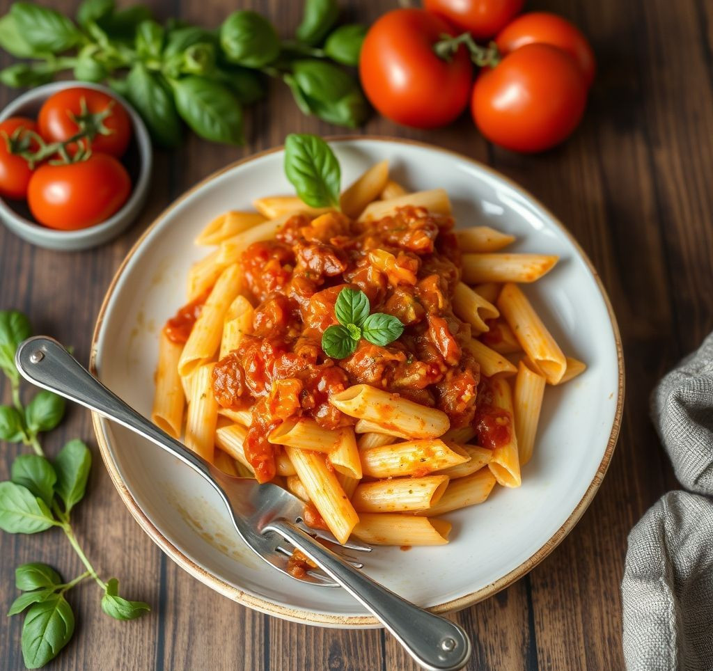 Nahaufnahme einer Pfanne mit Penne pasta, die mit der Arrabbiata-Sauce vermischt wird