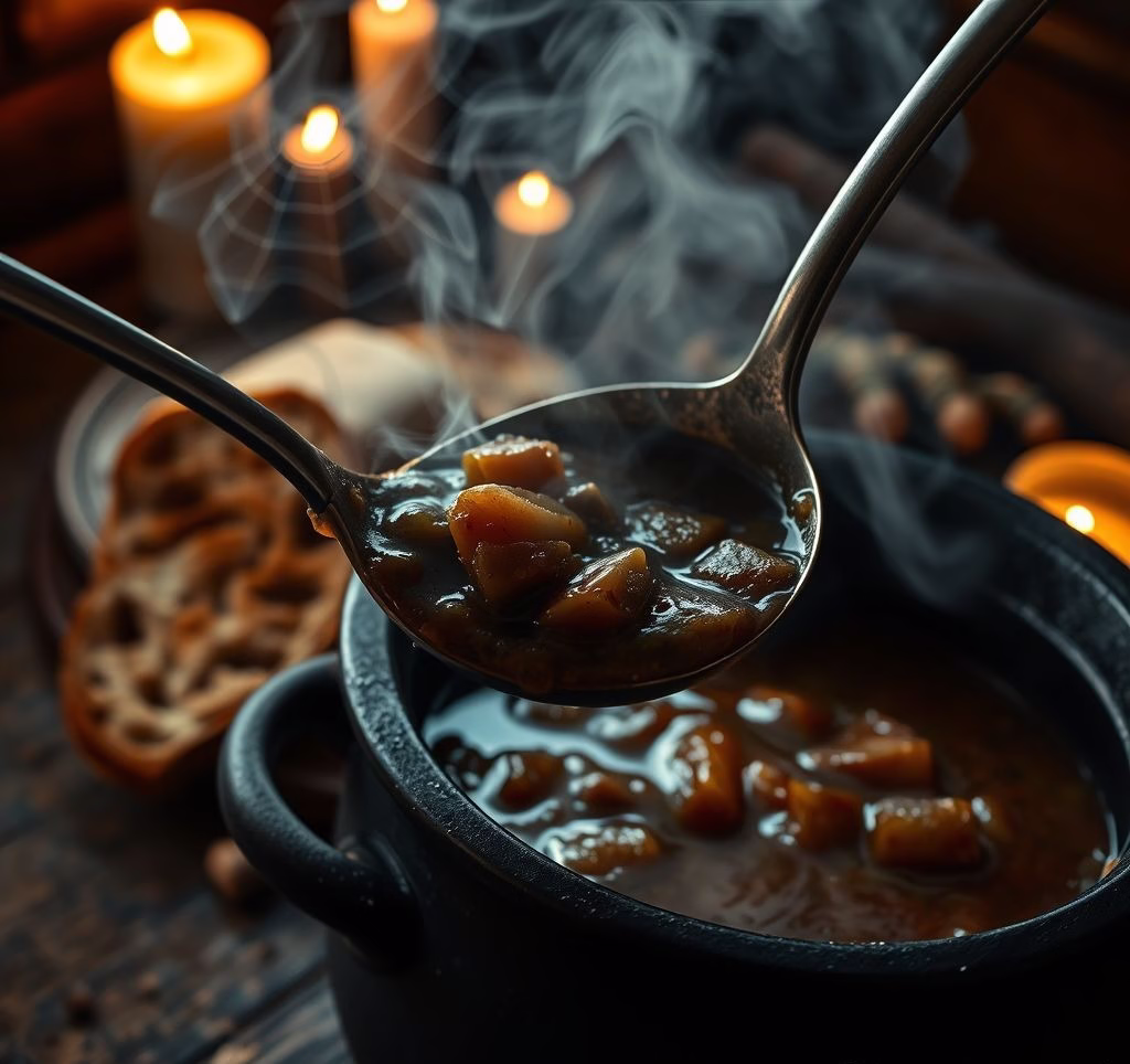 Nahaufnahme einer Schöpfkelle, die Hexensuppe aus einem großen Suppentopf schöpft, im Hintergrund aufgeschnittenes Brot