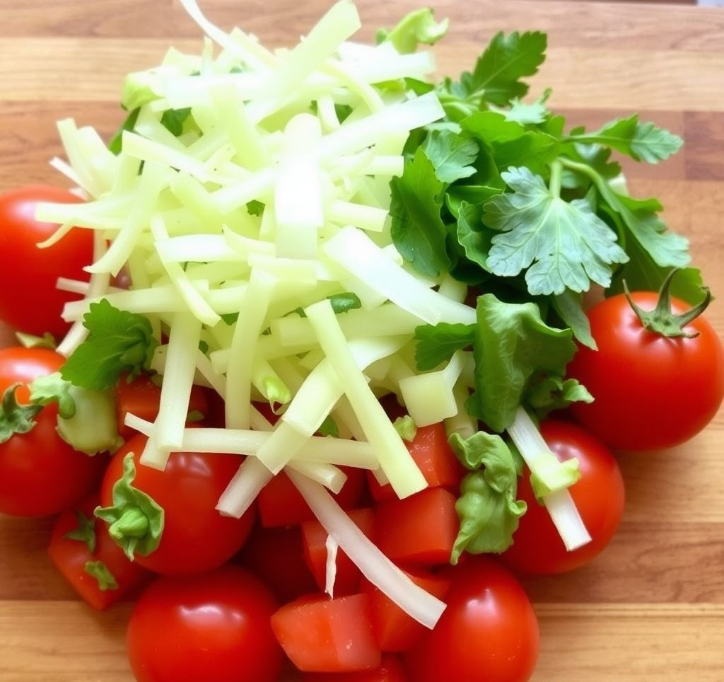 Nahaufnahme von frischen, reifen Tomaten und Basilikumblättern, bereit für die Zubereitung von Bruschetta.